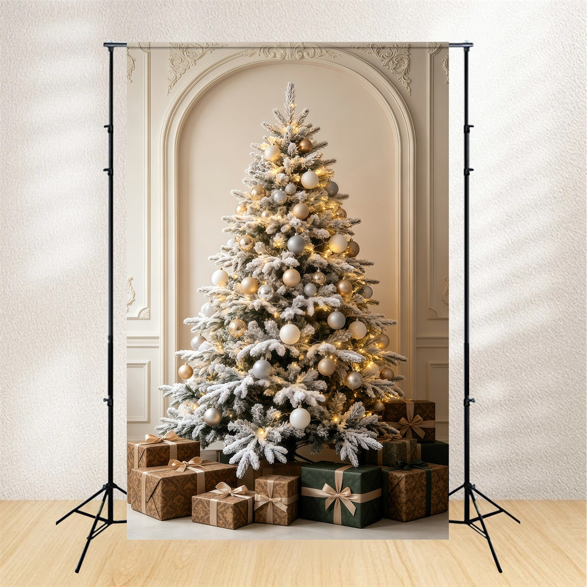 Weihnachtsschmuck-Hintergrund Kaminzimmer Mit Schneeweißem Baum Weihnachtshintergrund GQ69-60