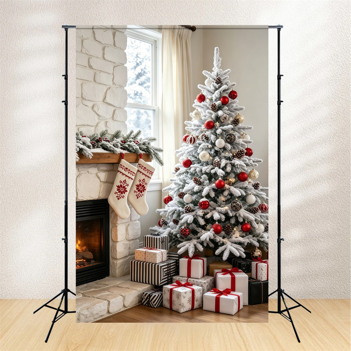 Weihnachts-Wohnzimmer-Hintergrund Schneebedeckter Steinkaminbaum Weihnachts-Fotohintergründe GQ69-67