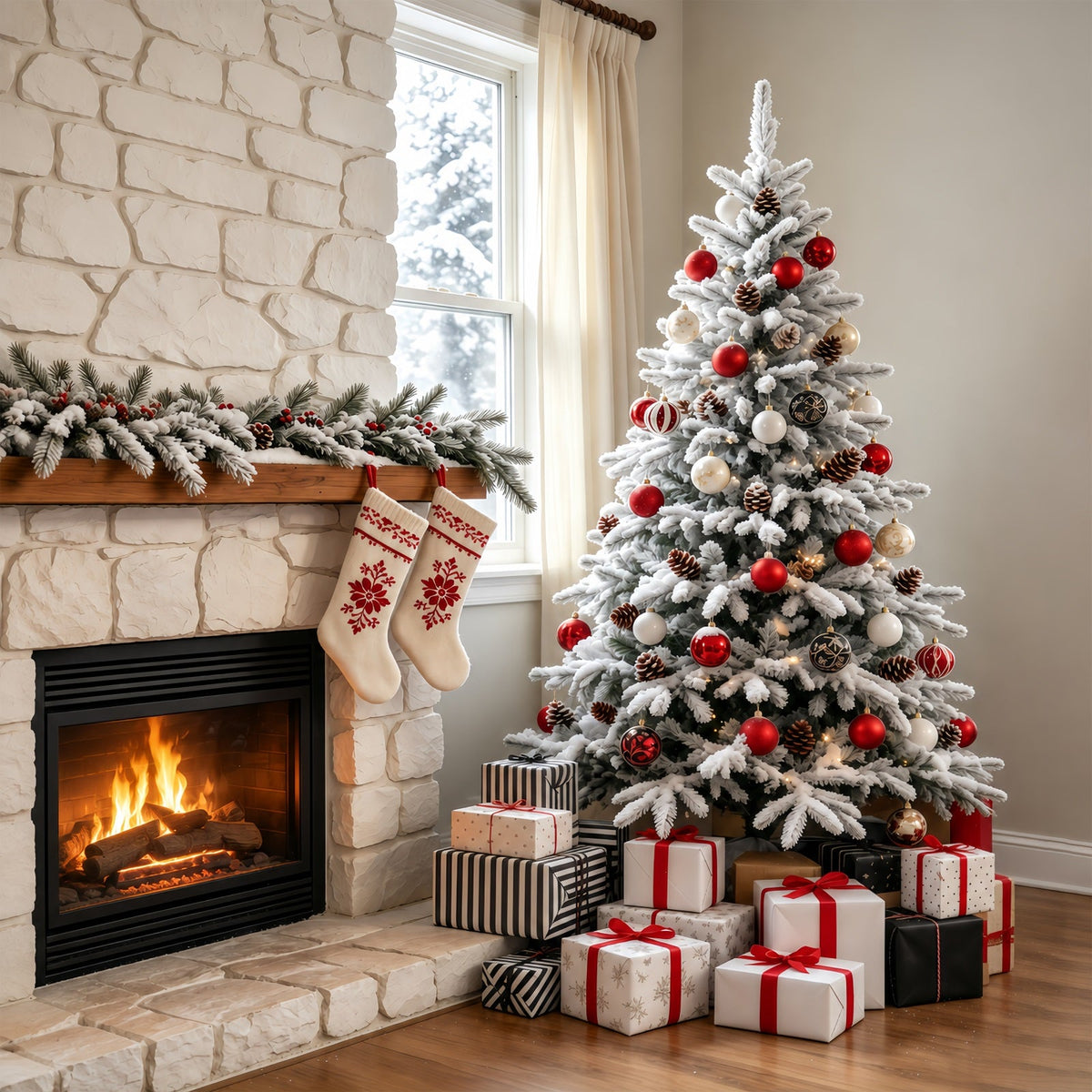 Weihnachts-Wohnzimmer-Hintergrund Schneebedeckter Steinkaminbaum Weihnachts-Fotohintergründe GQ69-67
