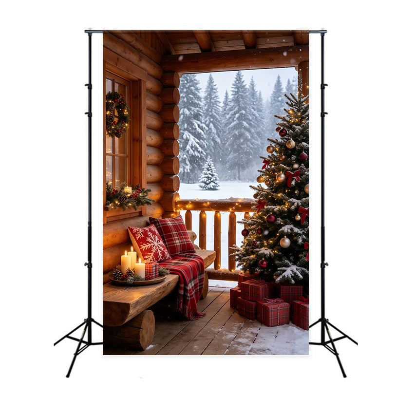 Rustikale Weihnachtskulisse Gemütlicher, Verschneiter Hüttenbalkon Weihnachtshintergründe GQ69-69