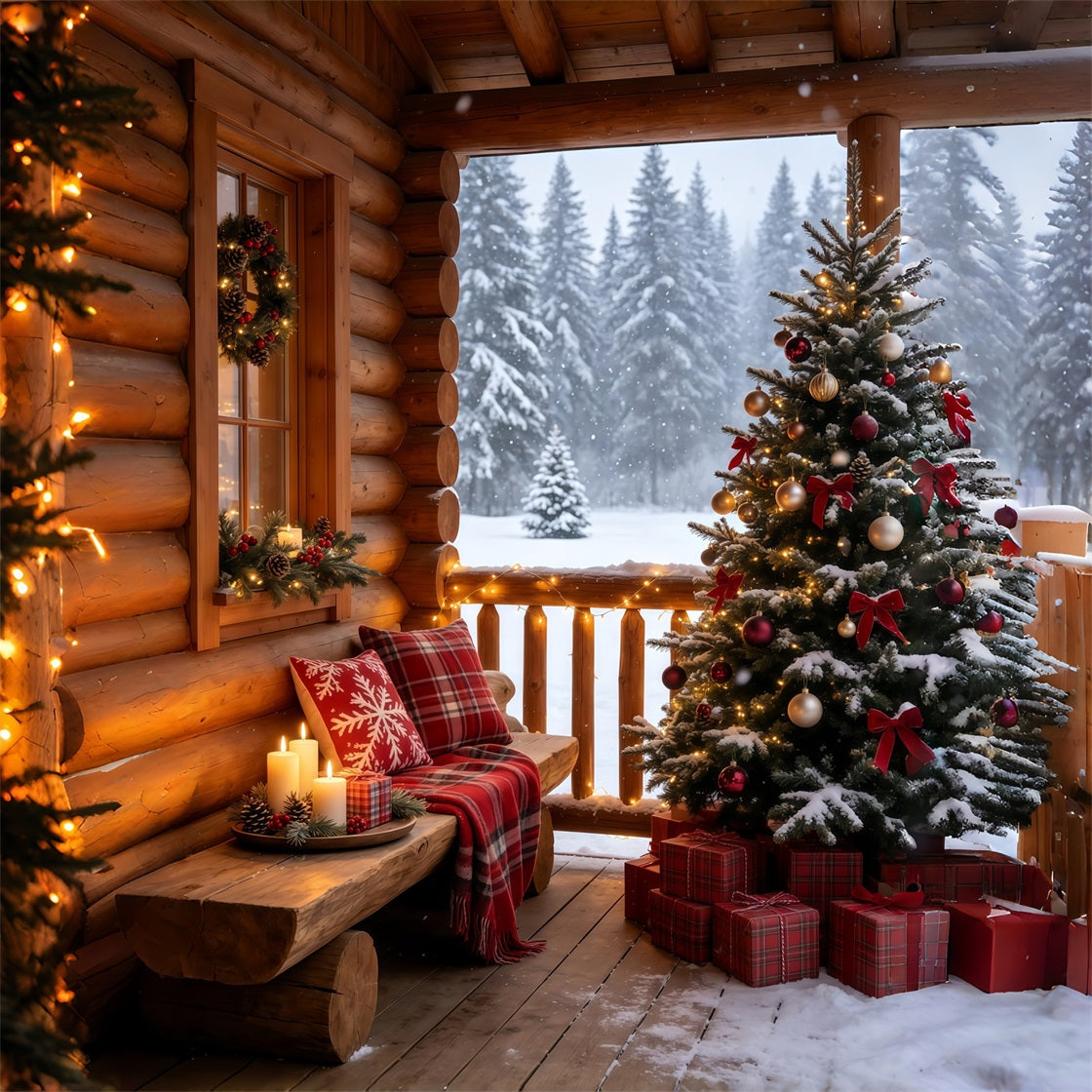 Rustikale Weihnachtskulisse Gemütlicher, Verschneiter Hüttenbalkon Weihnachtshintergründe GQ69-69
