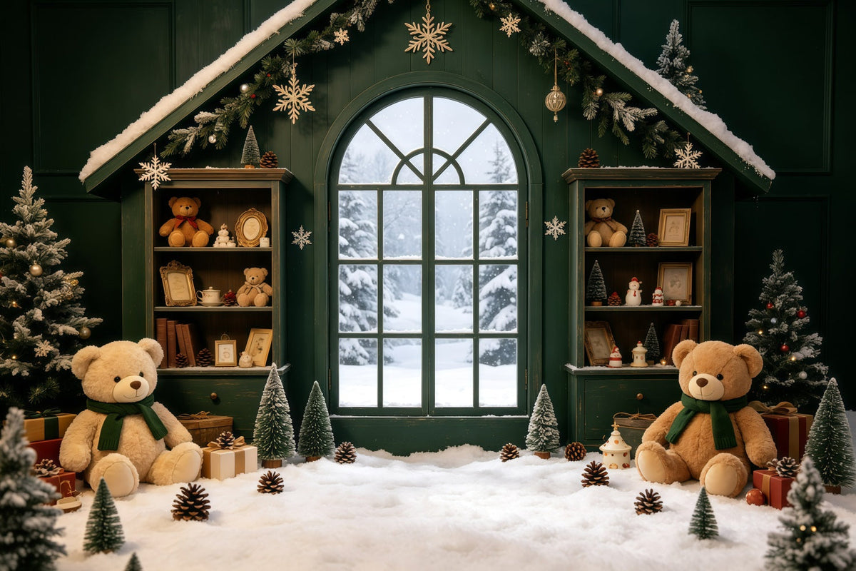 Gemütliche Weihnachtskulisse Grüne Hütte Teddy-Fenster Weihnachts-Musselin-Hintergrund GQ69-8