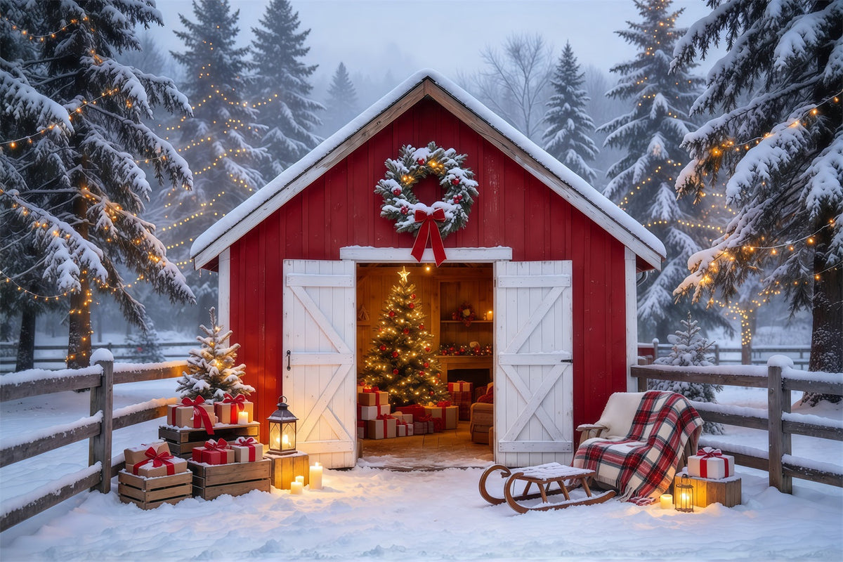 Ländlicher Weihnachtshintergrund Verschneite Rote Scheune Rückzugsort GQ69-84