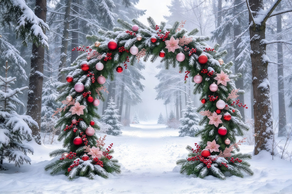 Weihnachtsbaum Fotohintergrund Rosa Blumenbogen Verschneit GQ69-93
