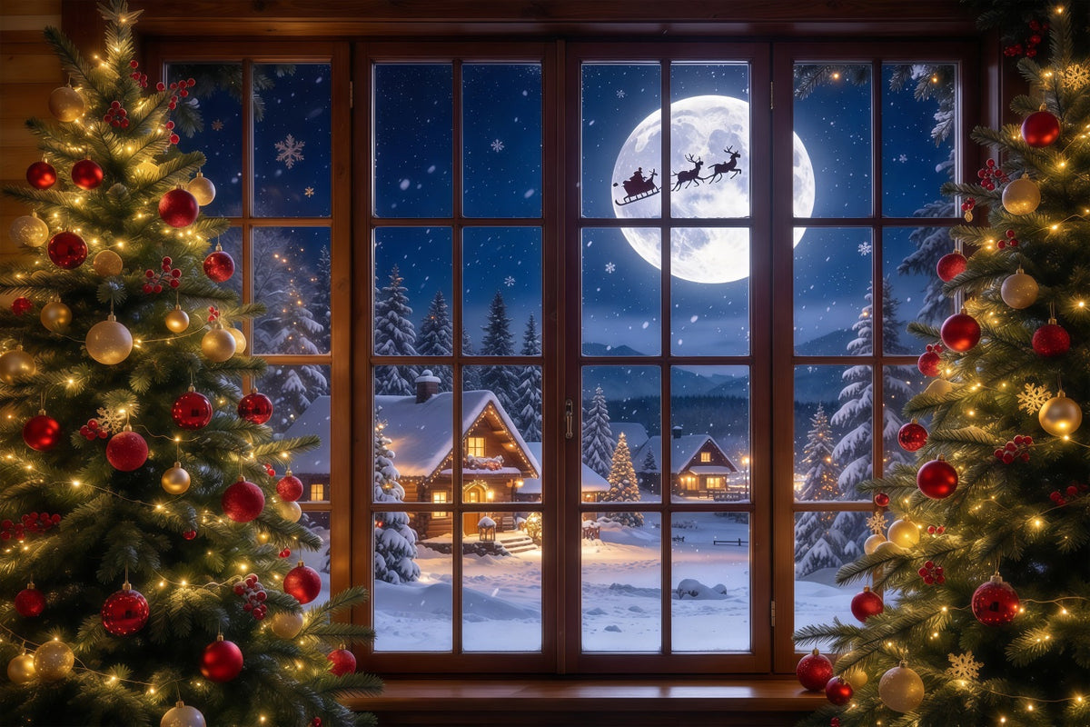 Weihnachtsfenster Hintergrund Mondbeschienener Santa Schlitten GQ69-95