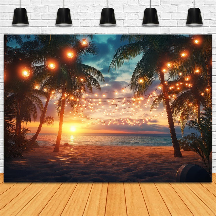 Strand Fotohintergrund Sonnenuntergang Palm String Light Sommerhintergrund GTY3-281