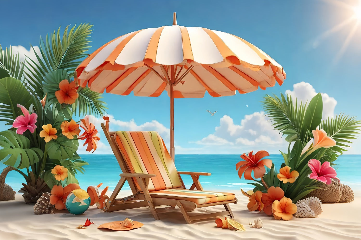 Tropischer Strand Backdrop Palmenblumenstuhl Sommerhintergrund GTY3-293