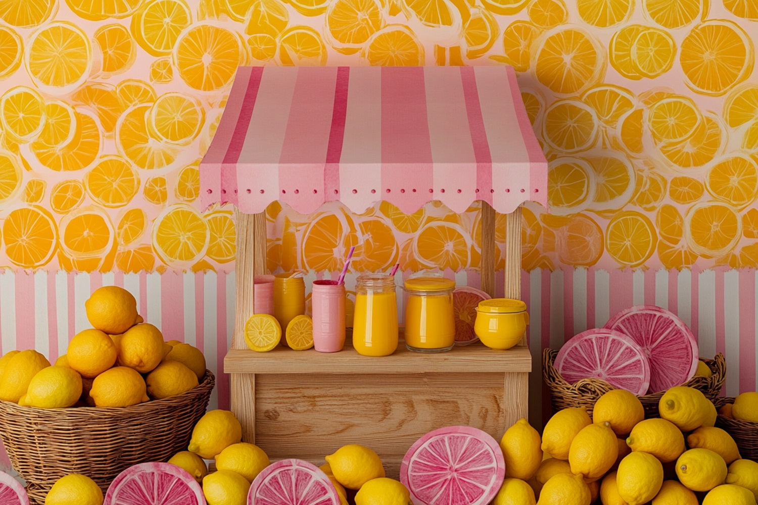 Zitronen-Hintergrund Rosa gestreifter Zitronenmarkt Sommer-Hintergrund GTY3-403