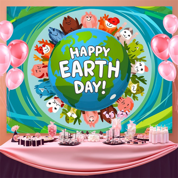 Happy Earth Day Backdrop Tierfreunde, die die Erde schützen Backdrop GTY3-50