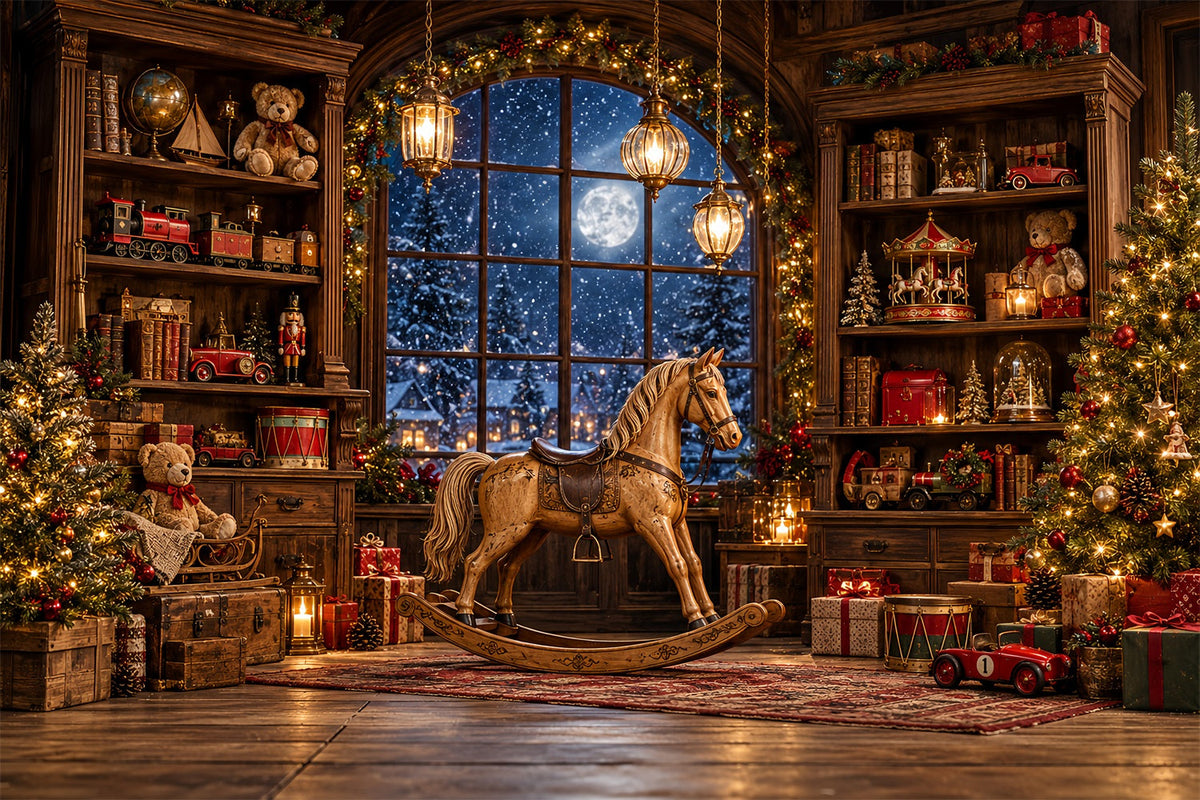 Weihnachtlicher Werkstatt-Hintergrund Antikes Schaukelpferd HQ610-157