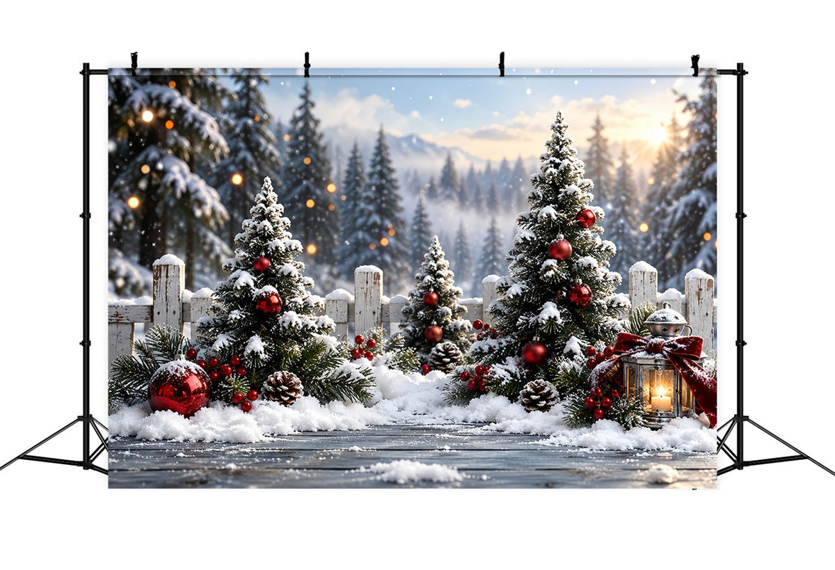 Weihnachtswald-Hintergrund Verschneiter Zaun Rote Weihnachtskugeln HQ610-159