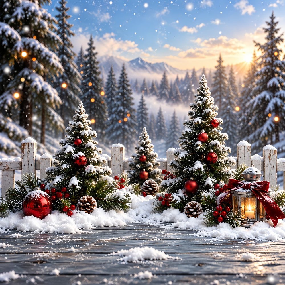 Weihnachtswald-Hintergrund Verschneiter Zaun Rote Weihnachtskugeln HQ610-159