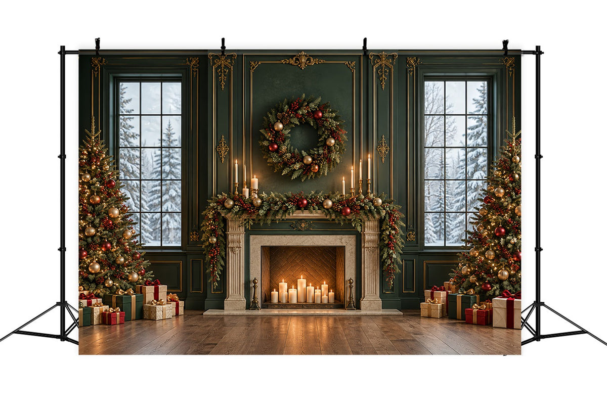 Weihnachtlicher Wohnzimmerhintergrund Smaragdgrüner Kaminsims Goldene Girlande HQ610-163