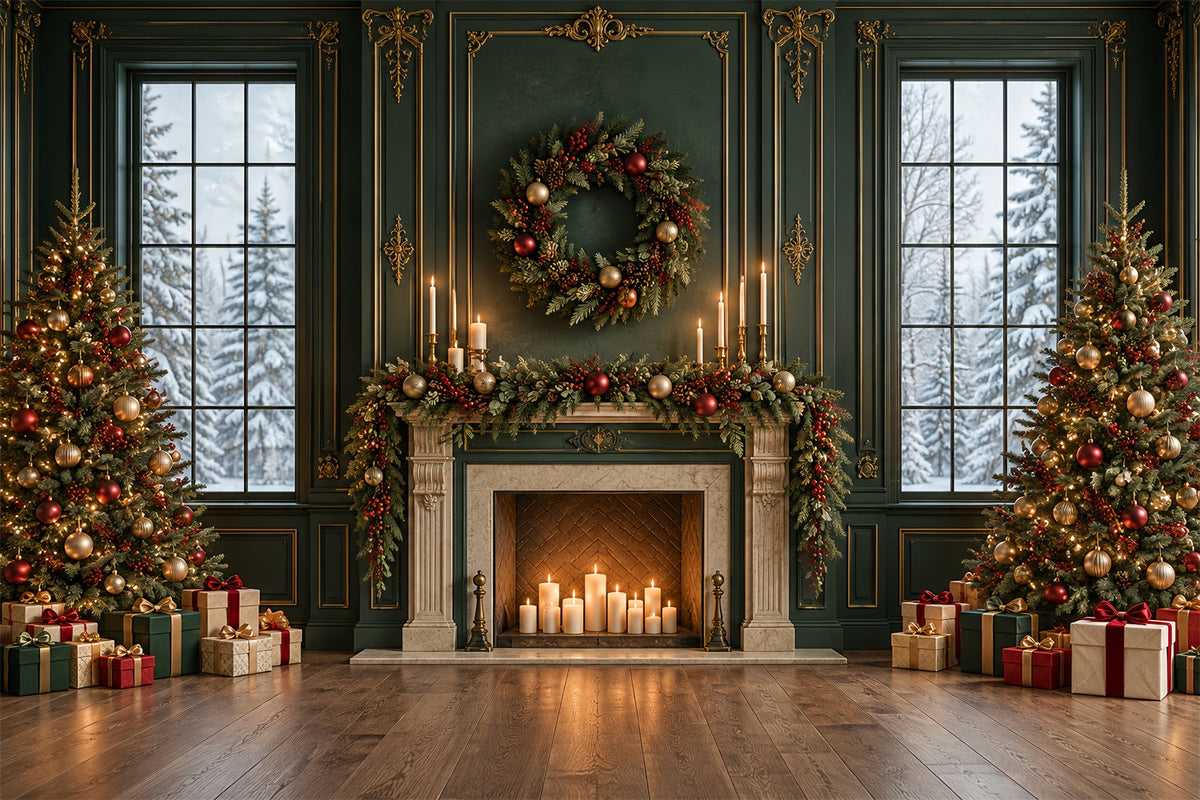 Weihnachtlicher Wohnzimmerhintergrund Smaragdgrüner Kaminsims Goldene Girlande HQ610-163