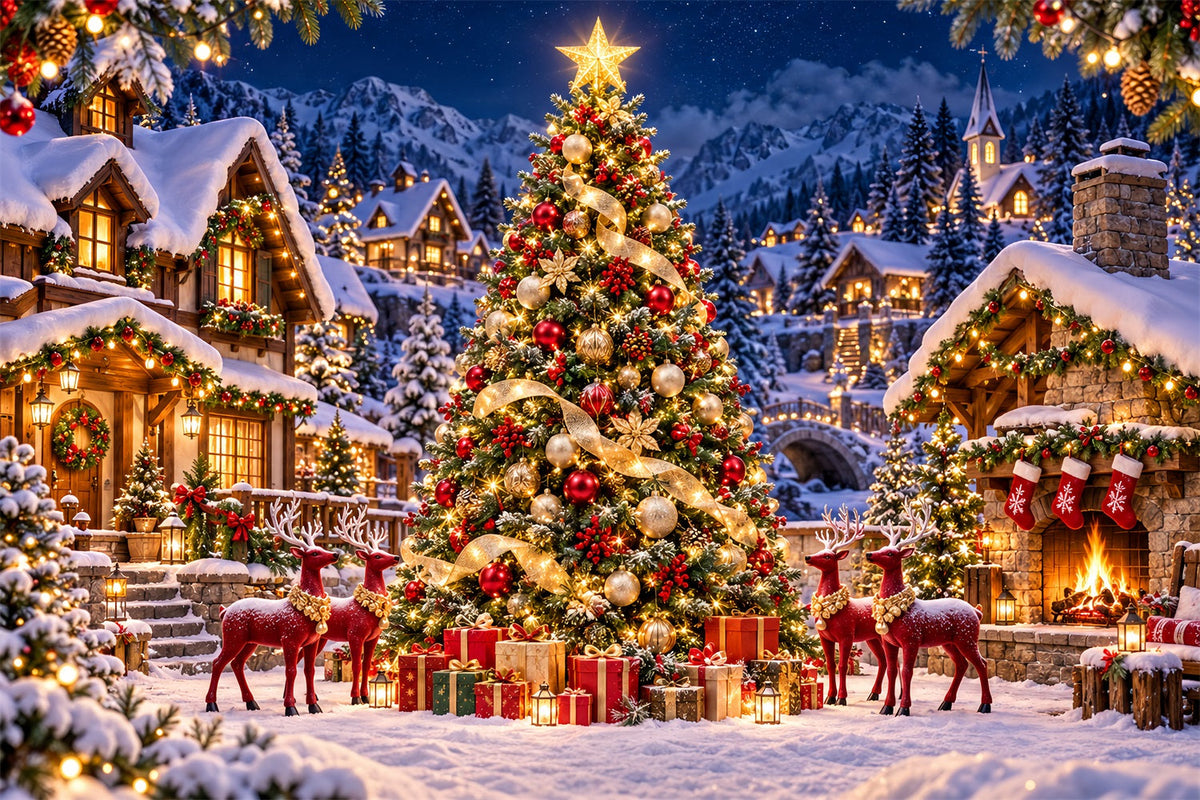Retro-Weihnachtshintergrund Rentierdorf Goldener Baum HQ610-165
