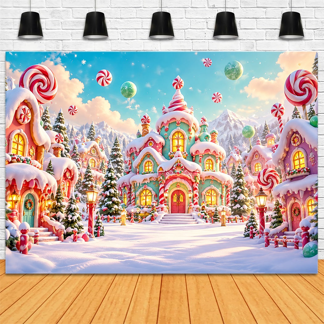 Weihnachtlicher Süßigkeitenland-Hintergrund Pastellfarbenes Süßigkeitenhaus-Dorf HQ610-166