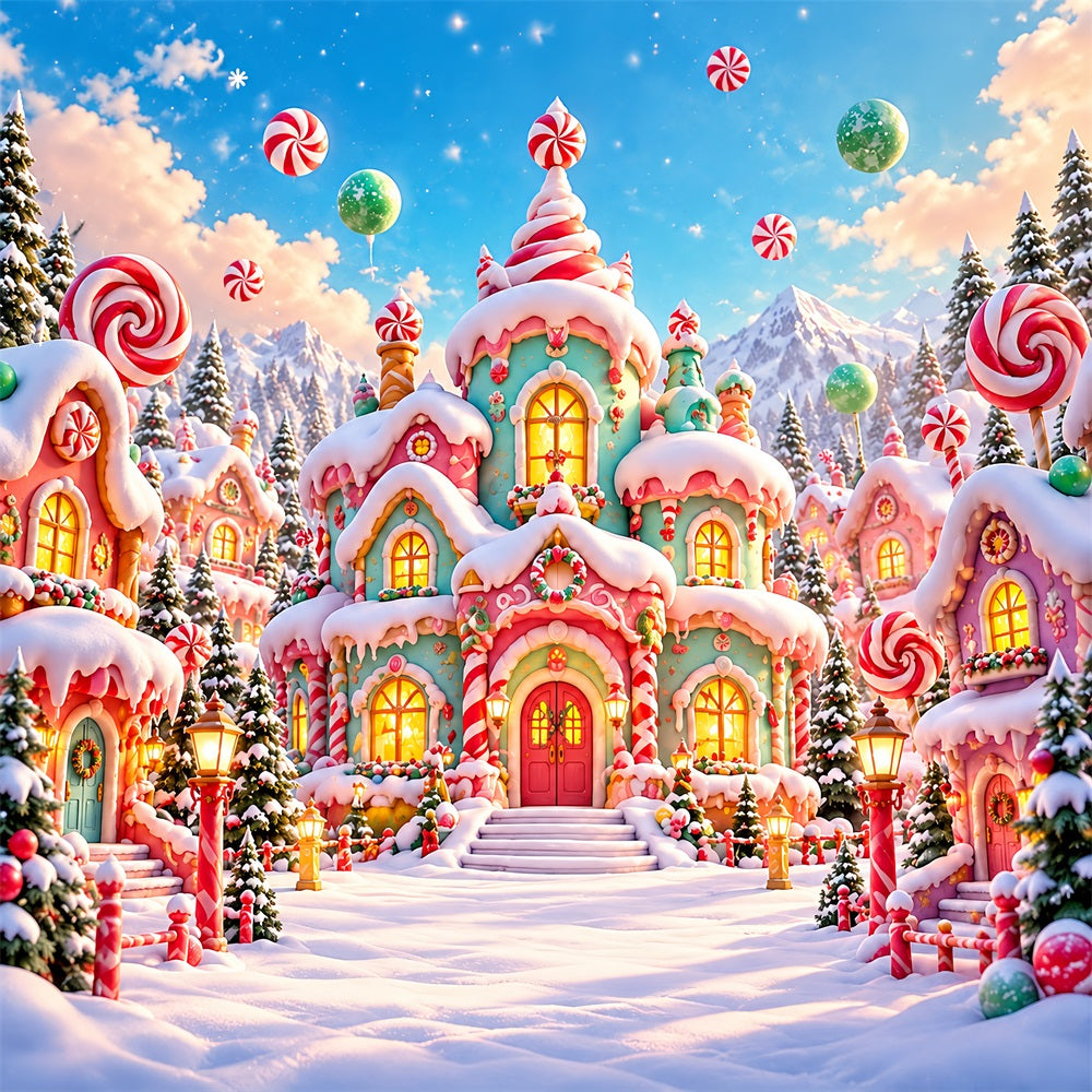 Weihnachtlicher Süßigkeitenland-Hintergrund Pastellfarbenes Süßigkeitenhaus-Dorf HQ610-166
