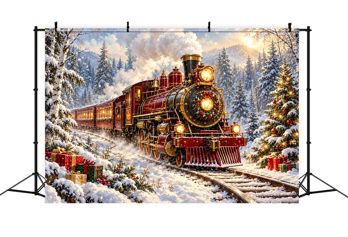 Professioneller Weihnachtshintergrund Burgunderrote Lokomotive Verschneiter Wald HQ610-167
