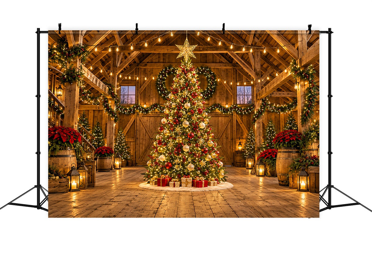 Weihnachtslichter-Fotohintergrund Rustikale Scheune Goldener Weihnachtsbaum HQ610-169