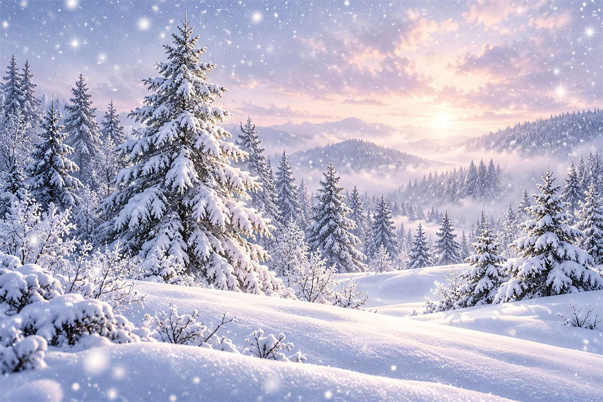 Weihnachtsbaum-Hintergrund Verschneite Kiefernwaldlandschaft Sonnenuntergang HQ610-171