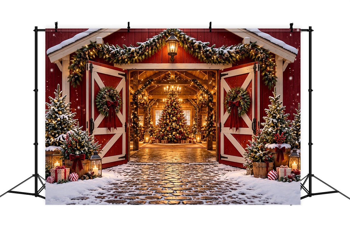 Weihnachtsbaumfarm-Hintergrund Festlicher Roter Scheuneneingang HQ610-172