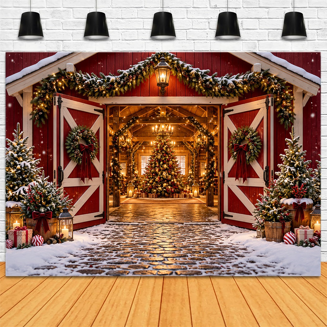 Weihnachtsbaumfarm-Hintergrund Festlicher Roter Scheuneneingang HQ610-172