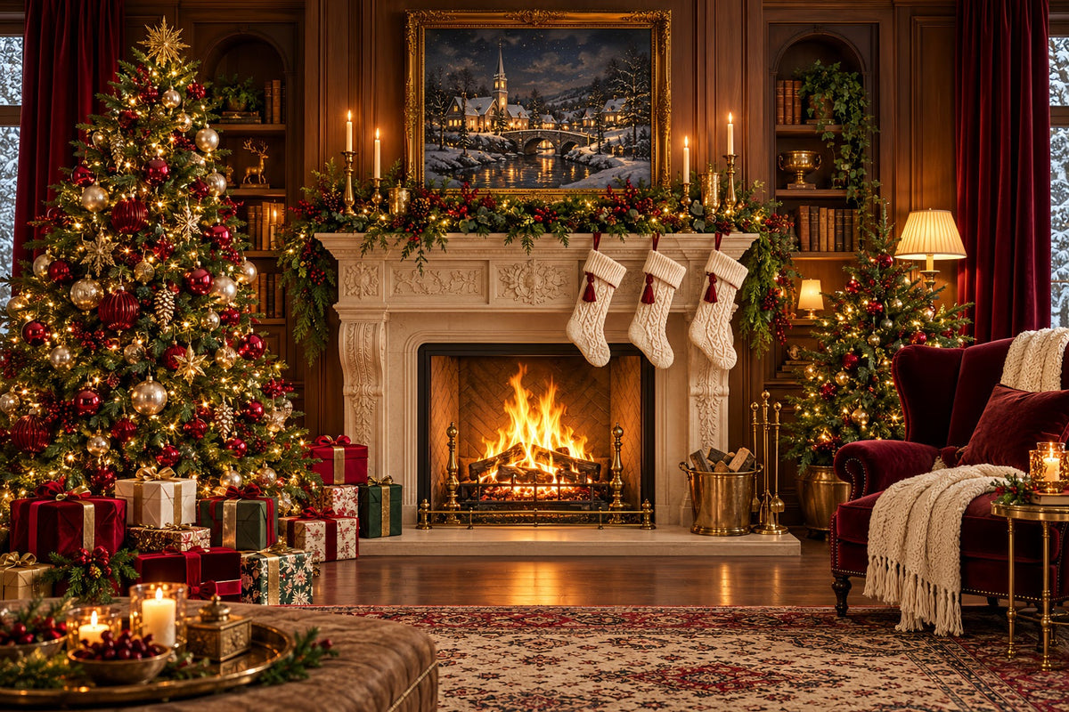 Weihnachtlicher Fotohintergrund Klassischer Kamin Weihnachtssocken HQ610-179
