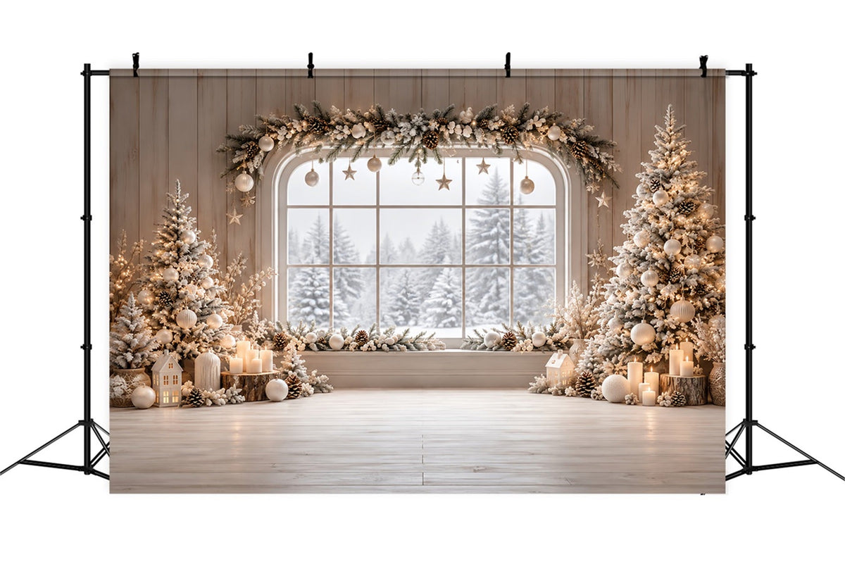 Weihnachtsfenster-Hintergrund Elfenbeinfarbene Winterhütte Girlande HQ610-180