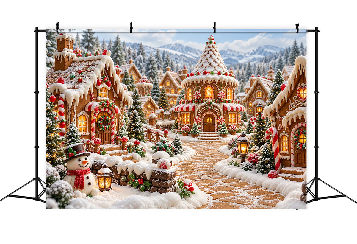 Weihnachtlicher Lebkuchen-Hintergrund Verschneites Süßigkeitenhaus-Dorf HQ610-185