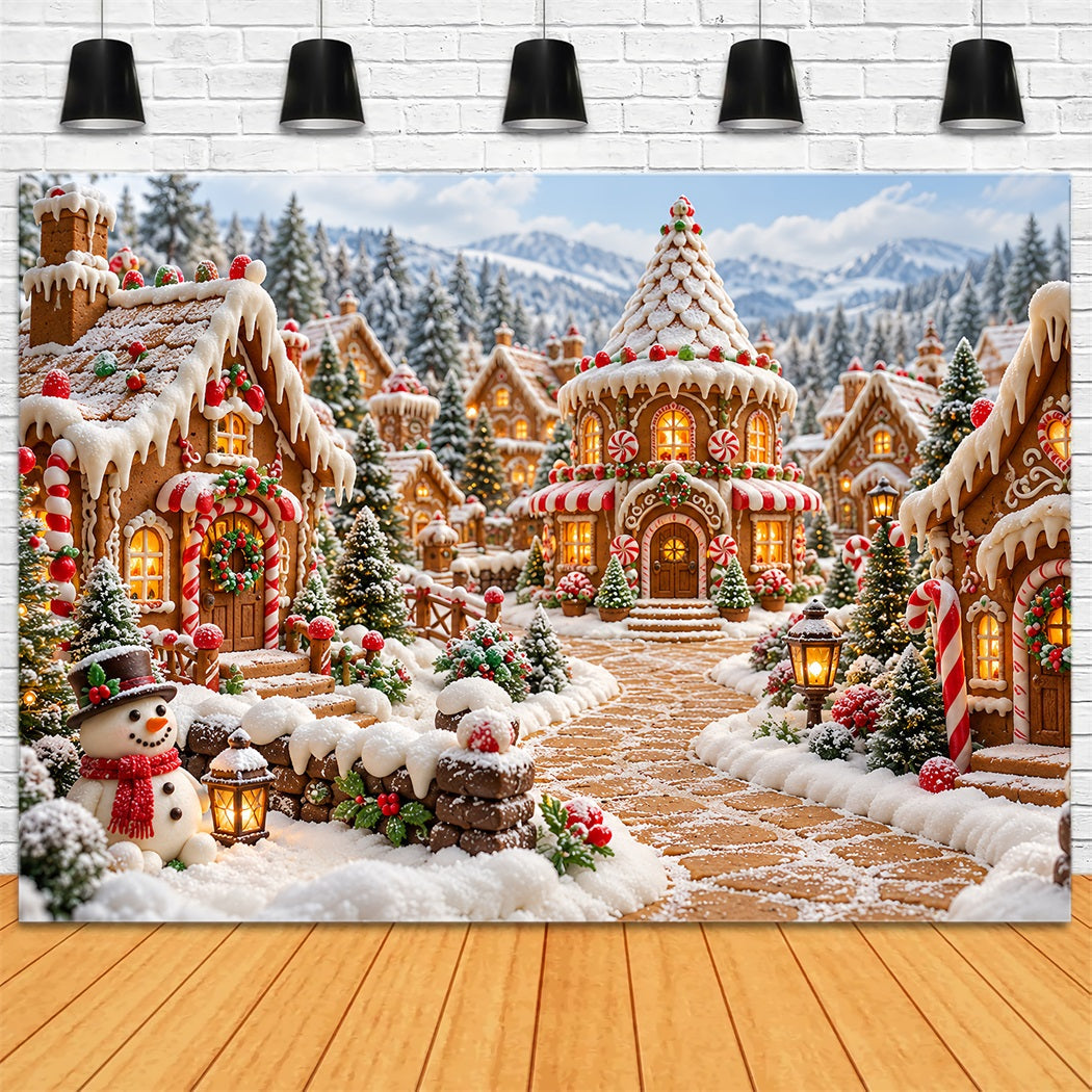 Weihnachtlicher Lebkuchen-Hintergrund Verschneites Süßigkeitenhaus-Dorf HQ610-185