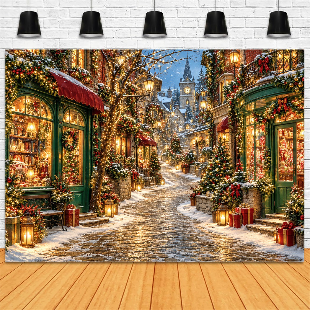 Weihnachtsdorf-Hintergrund Verschneite Laternen-Einkaufsstraße HQ610-189