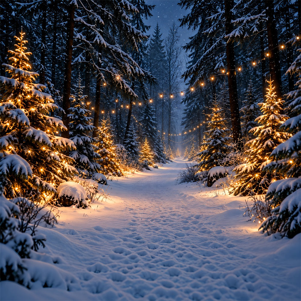 Weihnachtsbaumfarm-Fotohintergrund Leuchtender Verschneiter Waldweg HQ610-190