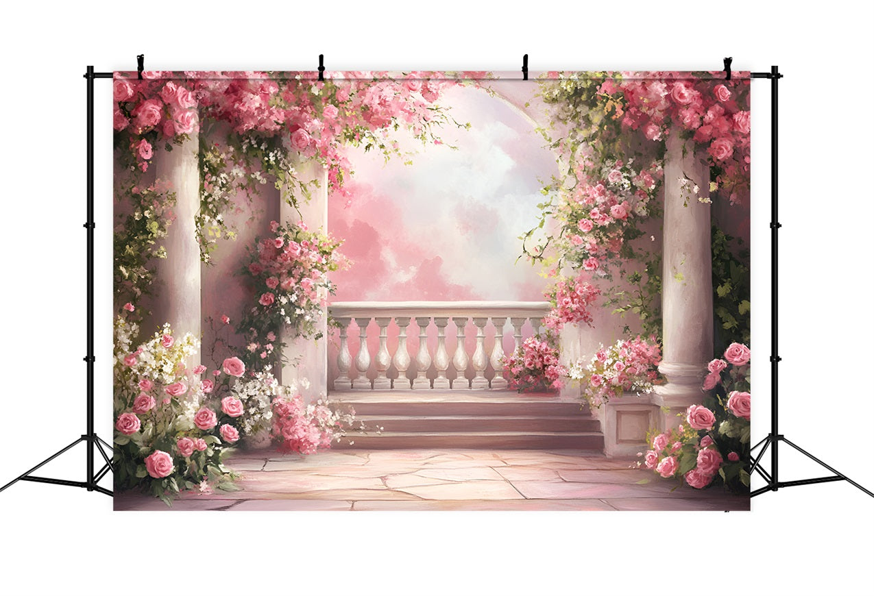 Frühlings-Hintergrundbilder Verträumter Balkon Kaskadierende Rosa Rosen Hintergrund LXX1-103