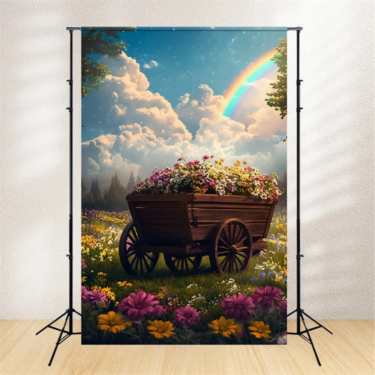 Frühlingsblumen Backdrop Holzwagen Regenbogen Backdrop LXX1-133