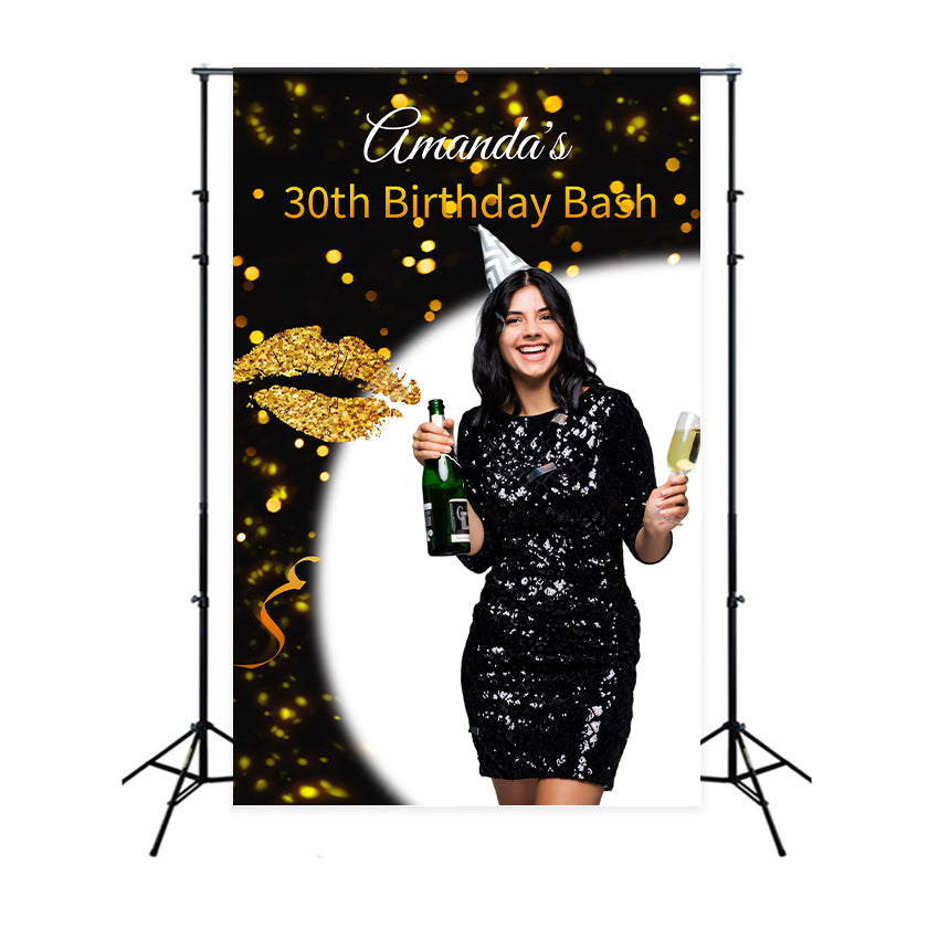 Personalisierte Geburtstags-Hintergrundkulisse Chic Schwarz Gold 30th Backdrop LXX1-29