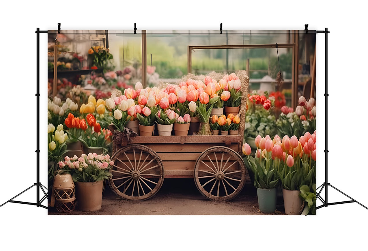 Frühlingshintergrund Fotografie Tulpenwagen Rustikaler Markt Hintergrund LXX1-60