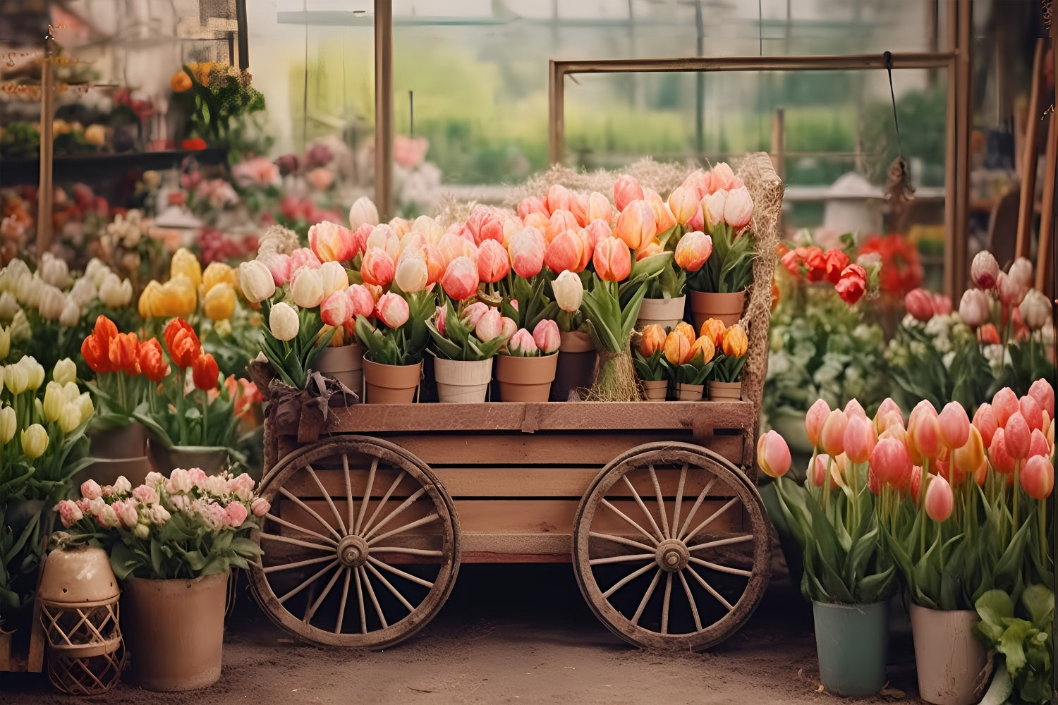 Frühlingshintergrund Fotografie Tulpenwagen Rustikaler Markt Hintergrund LXX1-60