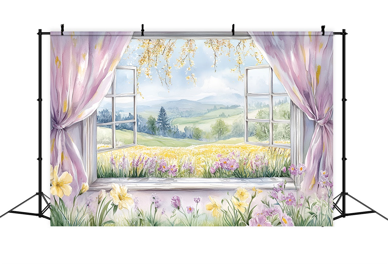 Backdrops Frühling Rustikale Fenster Szene Blumen Hügel Hintergrund LXX1-77