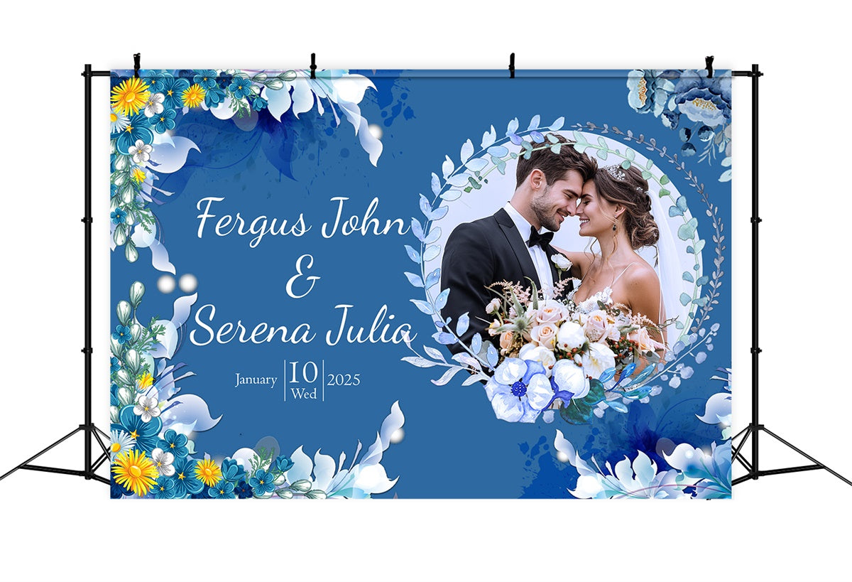 Individuelle Hochzeit Fotokulisse Romantisch Blau Weiß Floral Hintergrund LXX2-146