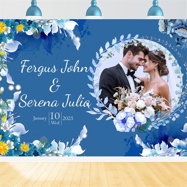 Individuelle Hochzeit Fotokulisse Romantisch Blau Weiß Floral Hintergrund LXX2-146