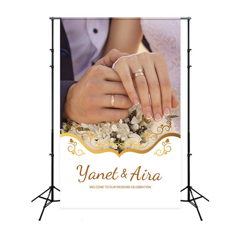 Individuelle Kulisse für Hochzeit Elegante Blumen Goldene Ringe Hintergrund LXX2-162