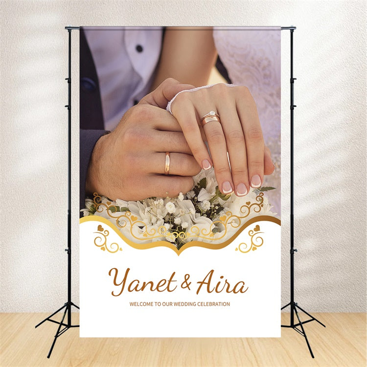 Individuelle Kulisse für Hochzeit Elegante Blumen Goldene Ringe Hintergrund LXX2-162