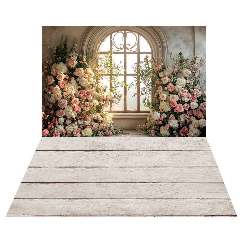 Vintage Floral Fenster Hintergrund+Weiß getünchte Holzboden-Kulisse LXX2-178