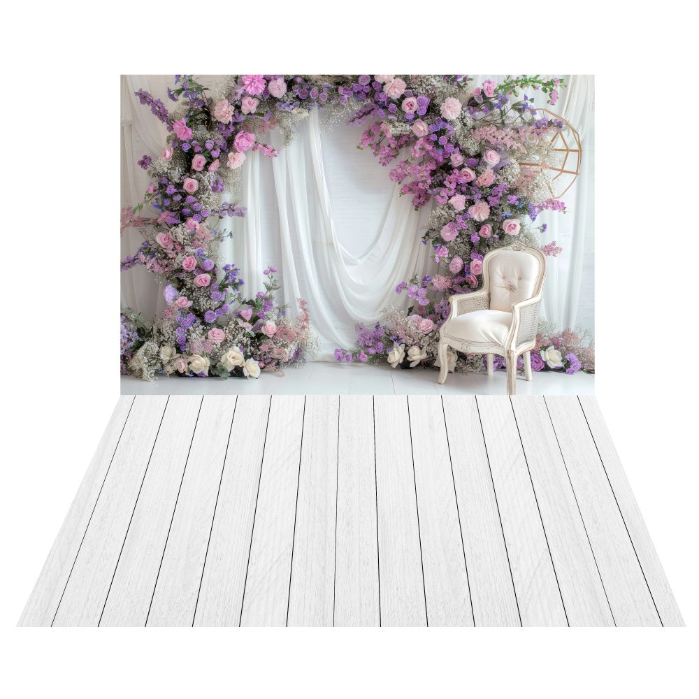 Lavendeltraum-Blumenbogen-Hintergrund+geweißter Holzboden-Hintergrund LXX2-195