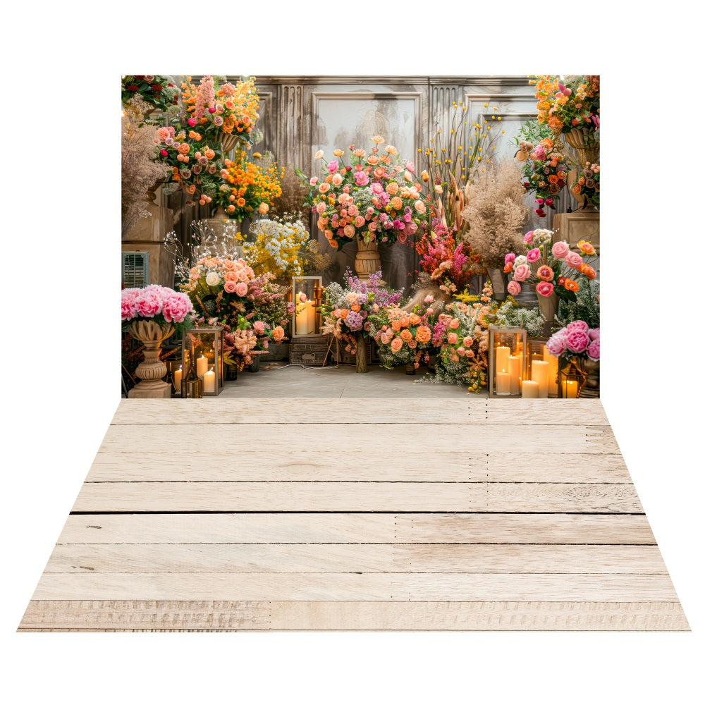 Romantischer Blumenhintergrund mit Kerzenlicht+Weichholzboden-Hintergrund LXX2-196
