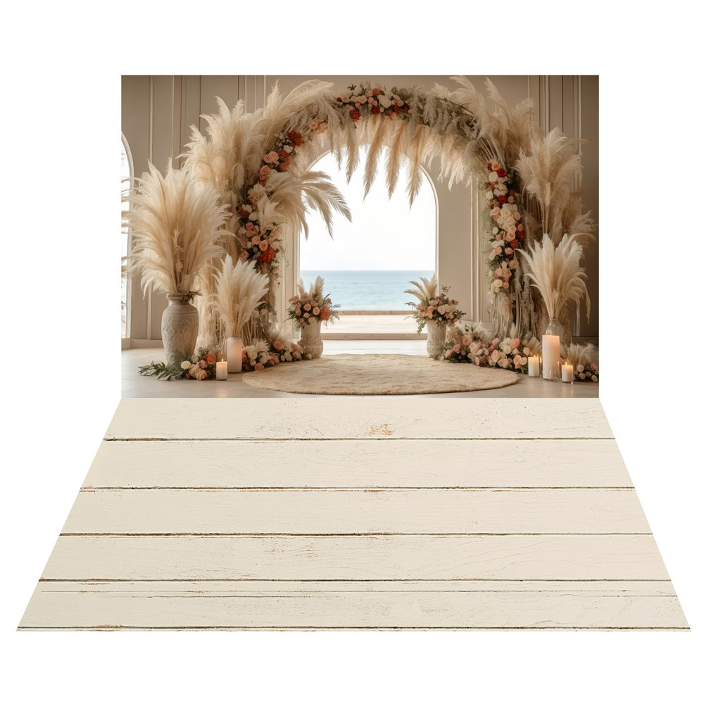 Pampas Bogen Ozean Hochzeit Hintergrund+Verwüsteter weißer Boden Hintergrund LXX2-224