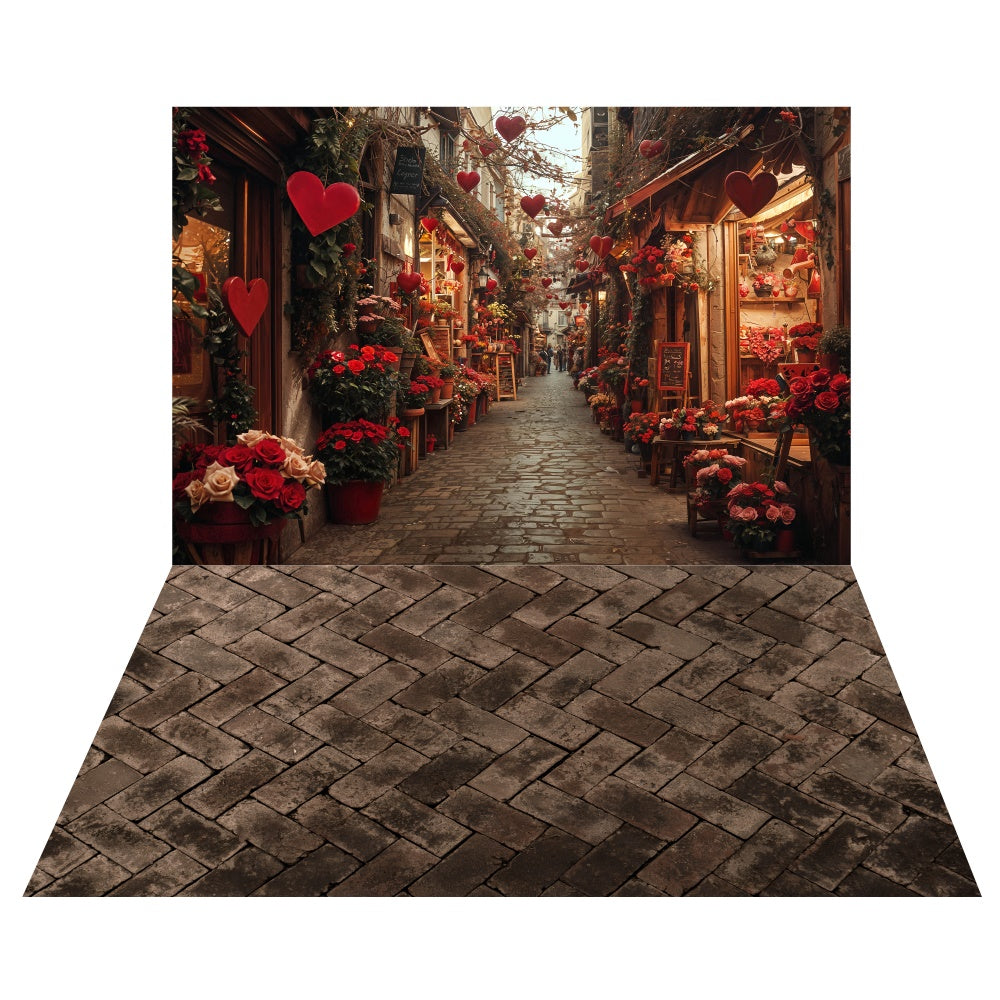 Romantische Valentinsstraße Hintergrund+Vintage Backsteinboden Hintergrund LXX2-5