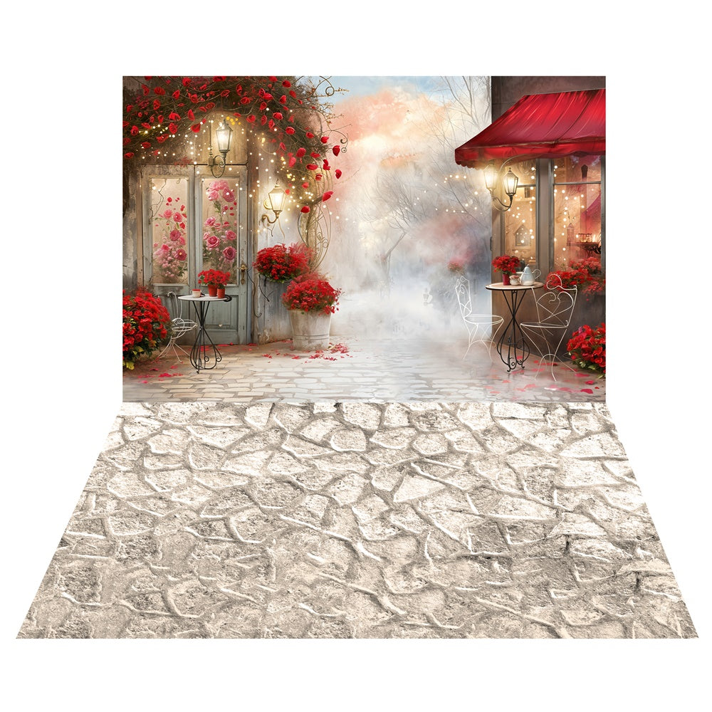 Verträumtes Valentins-Café-Rosen-Hintergrundbild+Texturierter Steinboden-Hintergrund LXX2-6