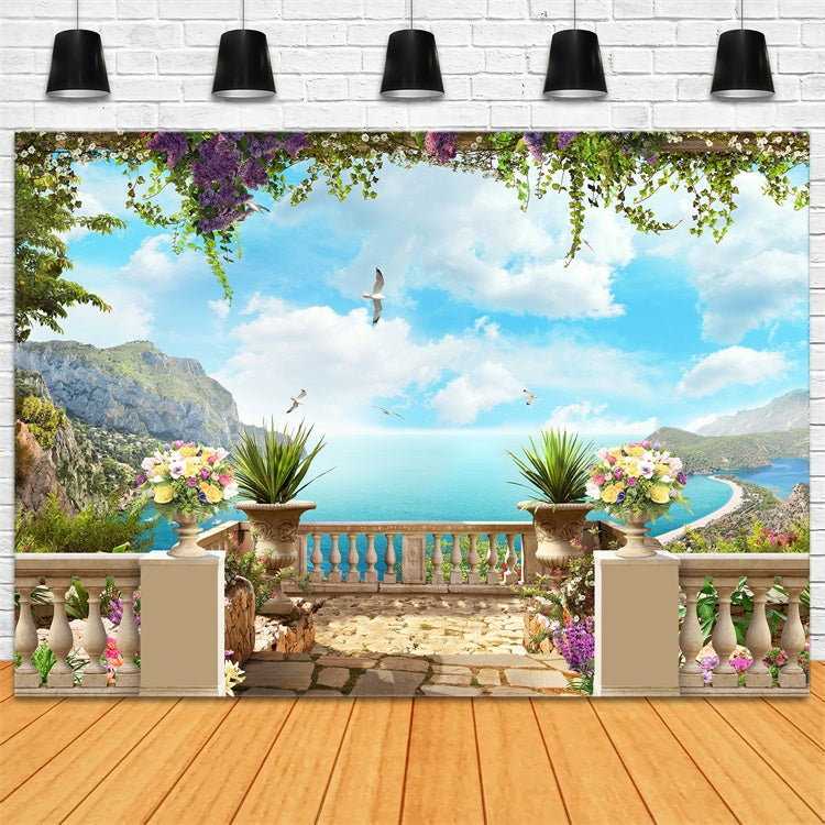Backdrops für Frühling Floral Terrasse Strandansicht Backdrop LXX2-66