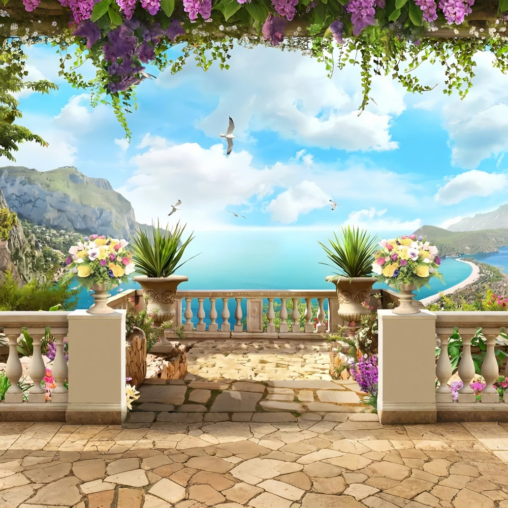 Backdrops für Frühling Floral Terrasse Strandansicht Backdrop LXX2-66